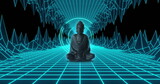 Image of buddha sculpture over neon tunnel metaverse background