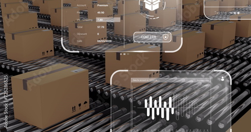Image of data processing on screens over cardboard boxes on conveyor belts