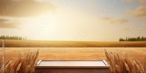 Shavuot-themed design and product display with empty wooden podium on wheat field background.