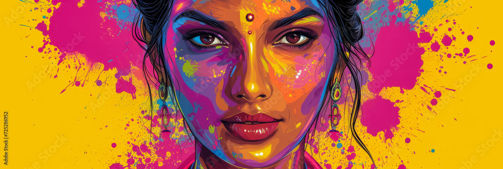 Beautiful young Indian woman illustration with her face painted during the Holi festival in India