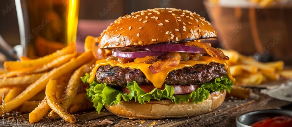 Double smash burger with cheese, lettuce, onion, dressing, fries, and cold beer on a cutting board - obrazy, fototapety, plakaty 
