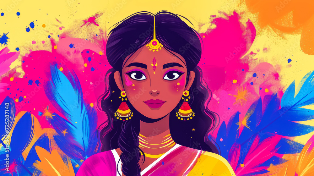 Beautiful young Indian woman illustration with her face painted during the Holi festival in India Beautiful young Indian woman illustration with her face painted during the Holi festival in India