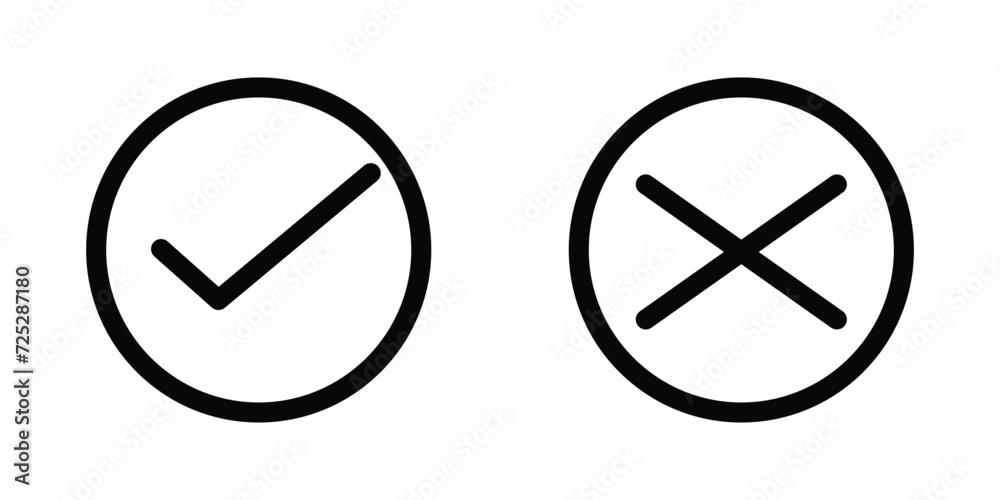 Right or Wrong checkmark and x or confirm and deny black line icon for apps and websites. correct, incorrect, positive, negative, yes or no icon. Right or Wrong checkmark and x or confirm and deny black line icon for apps and websites. correct, incorrect, positive, negative, yes or no icon.