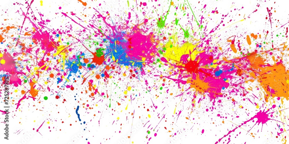 Vibrant paint splatter, with random and chaotic splashes of neon colors against a stark white background