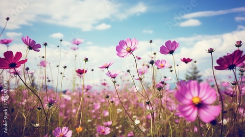 Purple, pink, red, cosmos flowers in the garden with blue sky and clouds background in vintage style soft focus,generative ai.