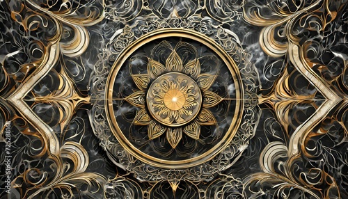 3d wallpaper stretch ceiling decoration golden model. mandala and decorative frame black marble background, Ai Generate 