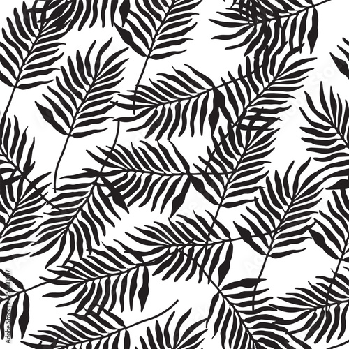 Vector background with images of botanical leaves and flowers. Natural foliage pattern, hand-drawn, in a minimalistic linear style. Design for fabric.