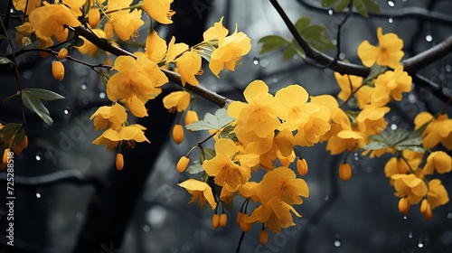 Some beautiful yellow flowers are still attached to the tree ,generative ai