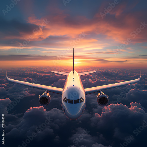 Passenger Airliner flying in the clouds. Airplane flying in the beautiful sunset sky above the clouds with amazing lights.