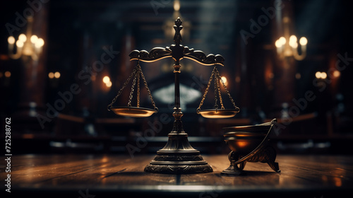 Law Legal System Justice Crime concept. Mallet Gavel Hammer and Scales on table, Legal and law concept scales of justice, Bronze figurine of Lady Justice, Generative AI