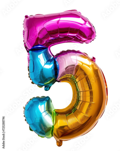 Fantastic colorful bright and vibrant birthday foil balloon in shape on number 5 photo