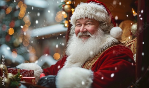 smiling santa claus in his sleigh with gifts, during christmas season, christmas market, christmas event, winter season for children, tradition, photo of, Generative AI 