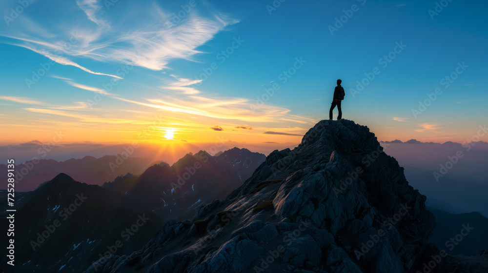 Solo adventurer standing atop a mountain peak during a picturesque sunrise, symbolizing achievement, exploration, and the beauty of nature
