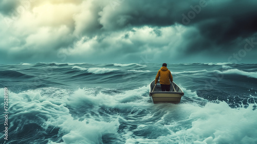 Person in yellow jacket rowing a small boat on tumultuous stormy sea, concept of challenge and perseverance photo