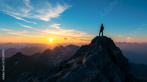 Solo adventurer standing atop a mountain peak during a picturesque sunrise  symbolizing achievement  exploration  and the beauty of nature