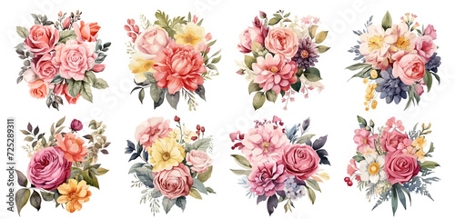 Set of watercolor vintage flowers, Bouquet, Sticker, Ornaments, png, generated ai
