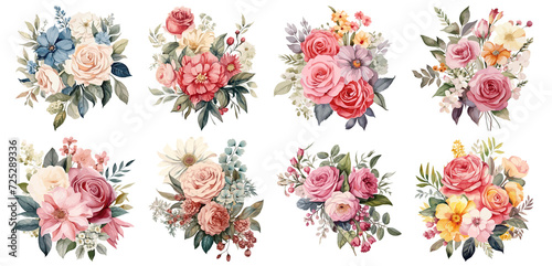 Set of watercolor vintage flowers, Bouquet, Sticker, Ornaments, png, generated ai #725289336