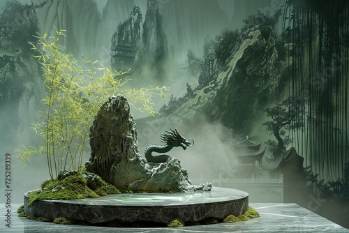 
Picture a serene podium resembling a weathered mountain peak, adorned with moss and cascading streams. A coiled jade dragon sculpture emerges from the base, its scales shimmering with iridescent hues