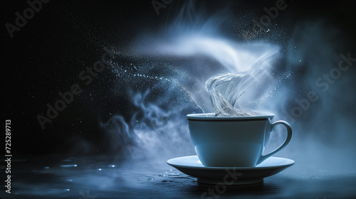 Steaming white cup of hot drink with dynamic vapor swirls on dark background, conveying a cozy, warm atmosphere