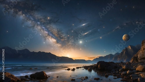 A group of stars appears in the sky above the planets