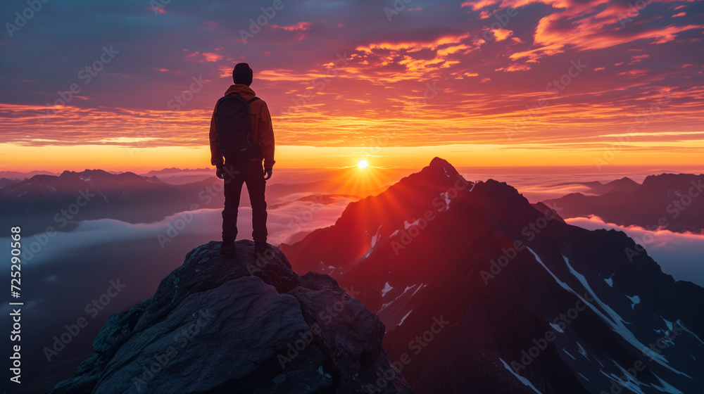 Solo hiker on mountain peak at sunrise with vibrant skies, depicting adventure, exploration, and the beauty of nature