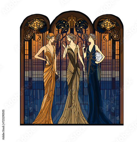 Stained glass window in art deco style of three women in evening gowns, 1920s era flapper ladies