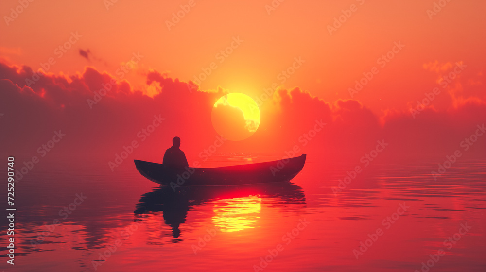 Silhouette of a person in a boat on calm water against a vibrant red sunset sky, creating a tranquil and picturesque scene