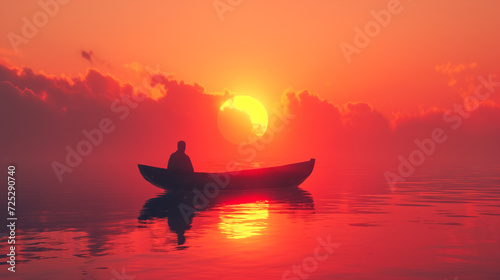 Silhouette of a person in a boat on calm water against a vibrant red sunset sky, creating a tranquil and picturesque scene