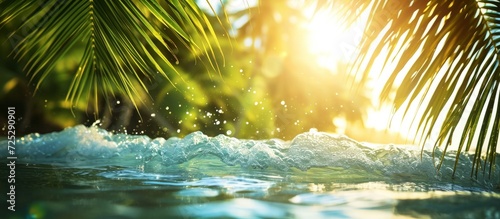 Blurred water wave under palm leaves, depicting fresh sunny summer.