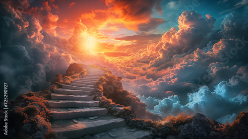 Mystical ancient stone staircase ascending through vibrant cloudscape towards a radiant sunset, symbolizing journey, aspiration, or enlightenment concepts, Easter photo