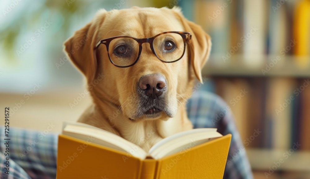 A dog in glasses is holding a book