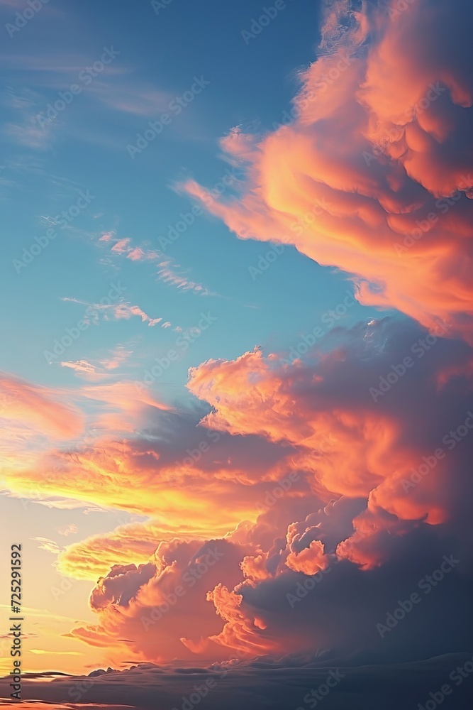 Sky at sunset, sky at sunrise, clouds, orange clouds cirrus clouds, cumulus clouds, sky gradient, sky background at dusk, twilight, nightfall, pink sky, pink clouds, sun, environment, Generative AI 