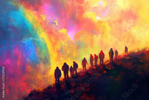 A group of people in front of a rainbow in the style of an oil painting photo