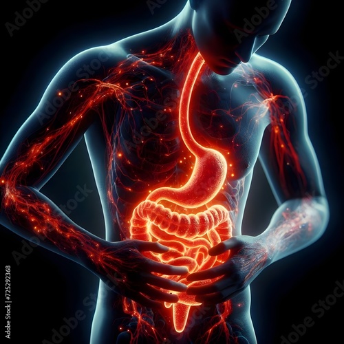 Human silhouette with glowing stomach gut  intestine, medical healthcare concept