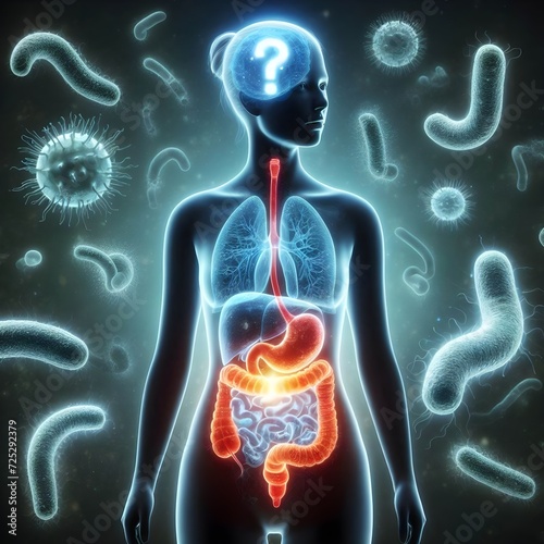 Human silhouette with glowing stomach brain connection and expanded microscopic view of gut , question mark in brain, medical healthcare gut brain concept