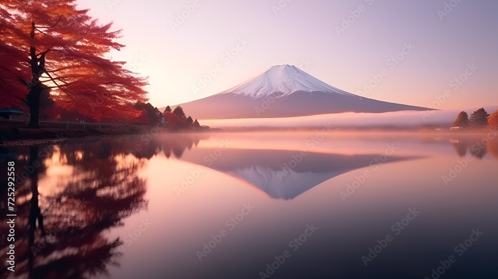 Colorful Autumn Season and Mountain Fuji with morning fog and red leaves at lake, forest river with stones on shores at sunset, Generative AI