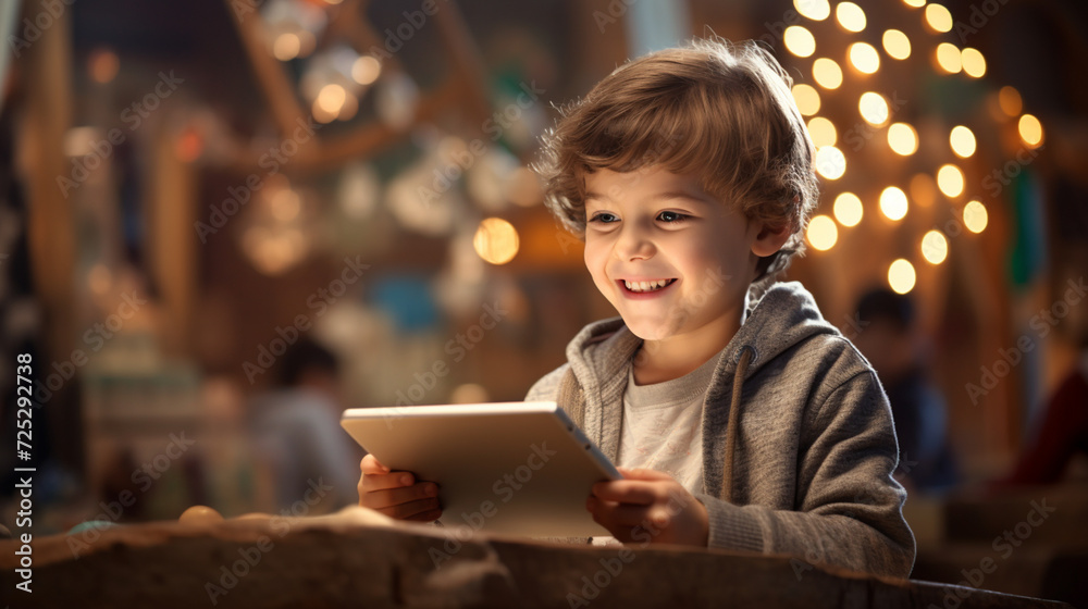 Happy kid using tablet at classroom. Technology concept. Generative AI. Happy kid using tablet at classroom. Technology concept. Generative AI.