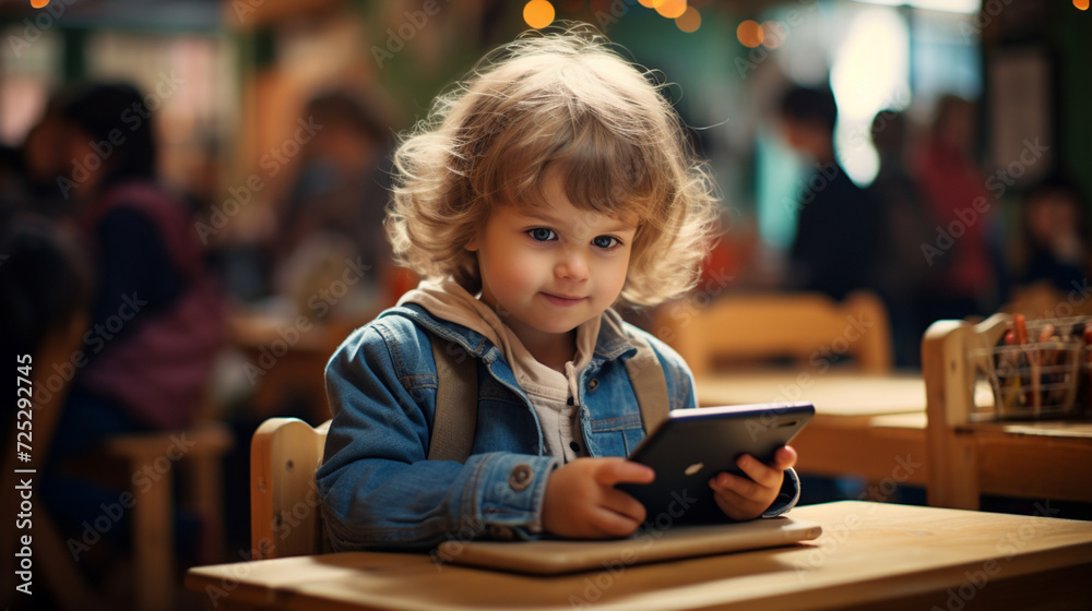 Happy kid using tablet at classroom. Technology concept. Generative AI. Happy kid using tablet at classroom. Technology concept. Generative AI.