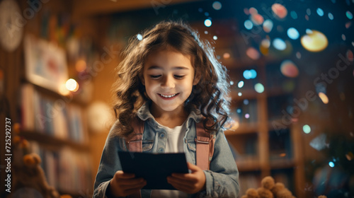 Happy kid using tablet at classroom. Technology concept. Generative AI.
