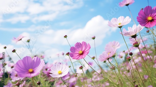 Purple, pink, red, cosmos flowers in the garden with blue sky and clouds background in vintage style soft focus,generative ai. © irvan