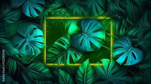 creative layout, green leaves with white square frame, flat lay, colorful leaves, abstract green texture, nature background, tropical leaf, Generative Ai