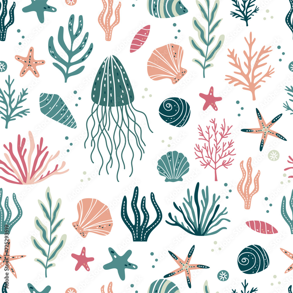Seamless vector pattern. Cute sea plants starfish seashells jellyfish. Vector illustration