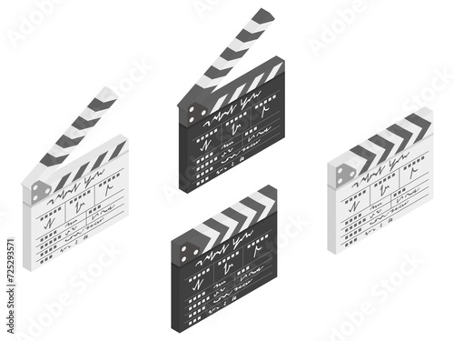 カチンコ・クラッパーボードのアイソメトリックなベクターイラスト素材　ベクター／透過PNG／白背景JPEG