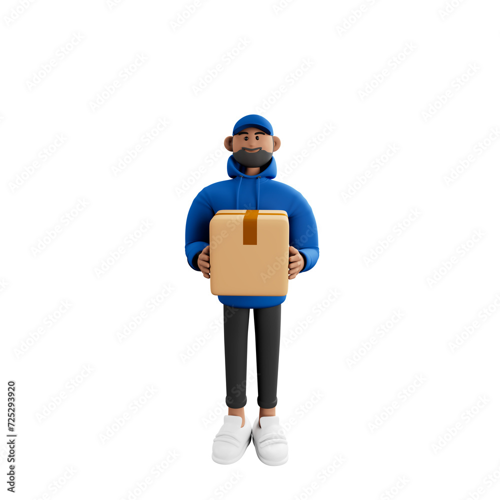Happy delivery man with cardboard box .3d illustration.	