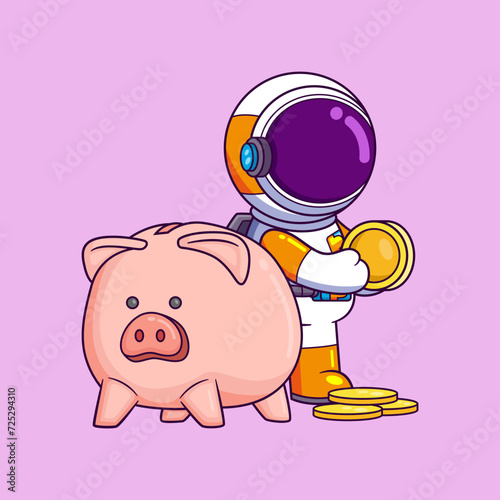 Cute astronaut saving money in a piggy bank cartoon character