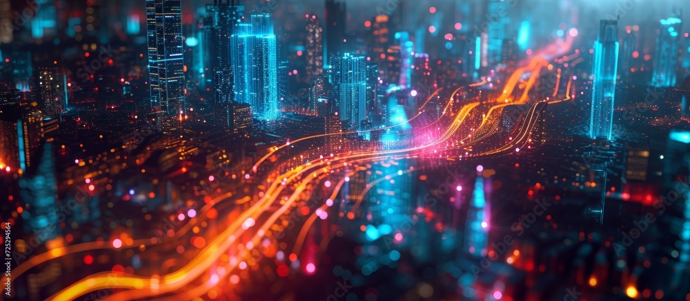 City lights flow with gradient and intricate design, connecting to smart city technology and big data concept. City lights flow with gradient and intricate design, connecting to smart city technology and big data concept.