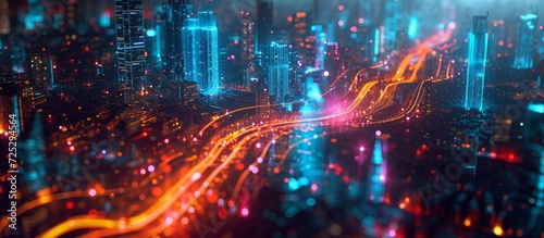 City lights flow with gradient and intricate design, connecting to smart city technology and big data concept.
