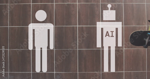 Restroom signs depict a human and an AI figure on a tiled wall