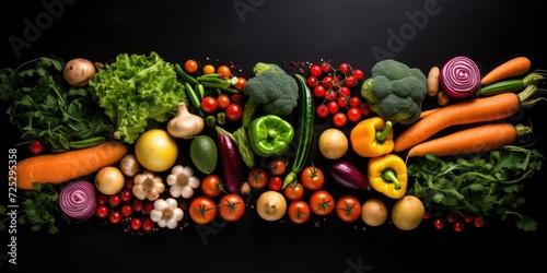 Vegetables on black background from above.