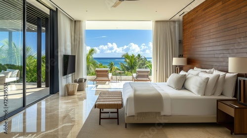 Luxury Bedroom in a modern house. Rooms with wooden floors, decorate with light white fabric bed